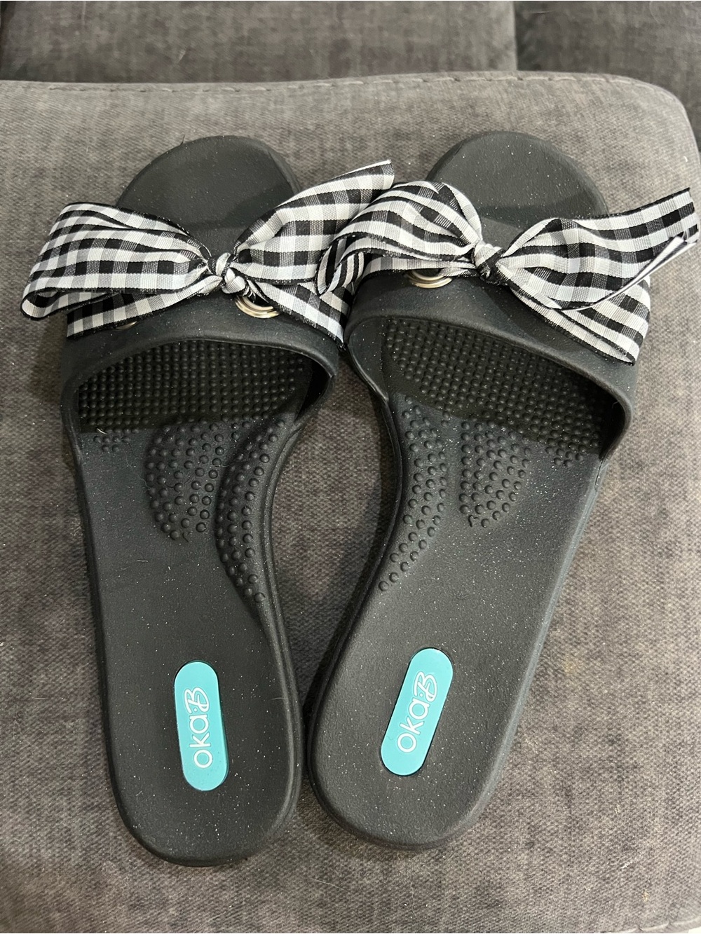OKA b. Black Slide Sandals with Gingham Bow Accent